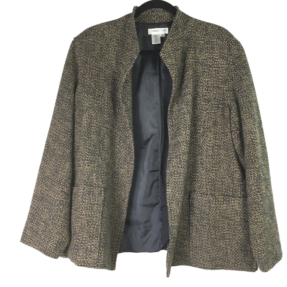 Coldwater Creek Tweed Blazer Jacket‎ 2X Black Tan Wool Blend Italian Fabric
